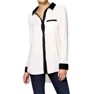 Free People Long Sleeve Button Up Blouse - White with Black Trim - Size Small